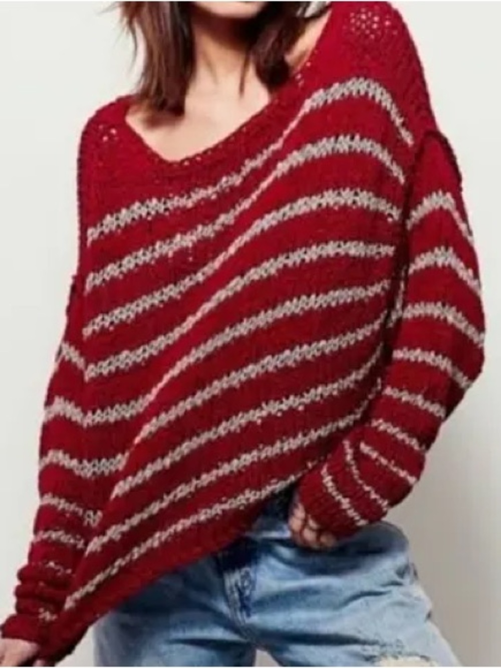 Free People Red Ruby Cream Striped Drop Sleeve Boxy Slouchy Knit Sweater Small